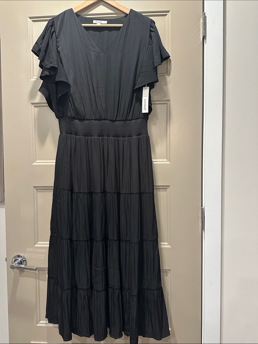 Chico's Black Tiered V-Neck Maxi Dress with Flutter Sleeves